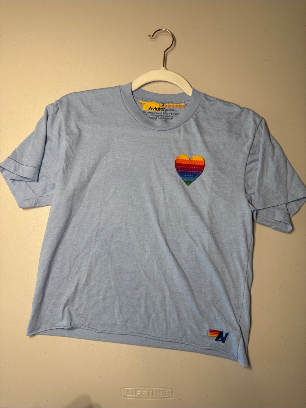 Aviator Nation Boyfriend Tee Rainbow Heart Stitch Ice Blue Small
